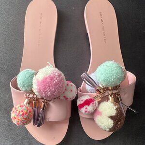 EUC Sophia Webster Blush Pink Patent Leather Jada Pom Pom Flat Slide Sandals 38